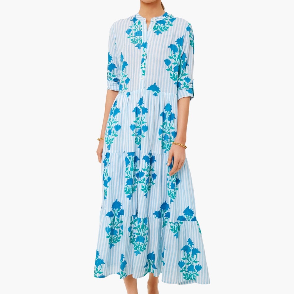 Oliphant Jaipur Blue Stripe Mandarin Long Dress